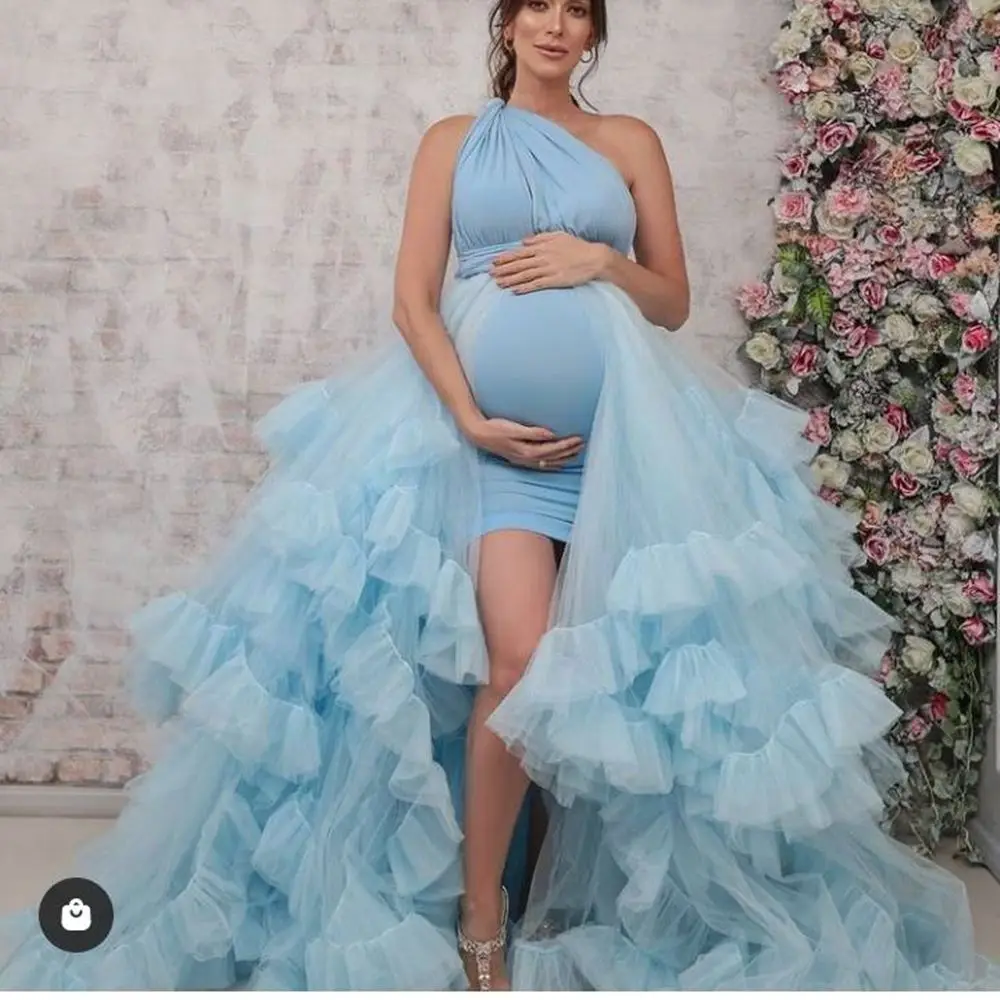 One Shoulder Blue Maternity Gowns for Photo Shoot Tiers Women Short Maternity Dresses with Skirt Bathrobe Sleepwear