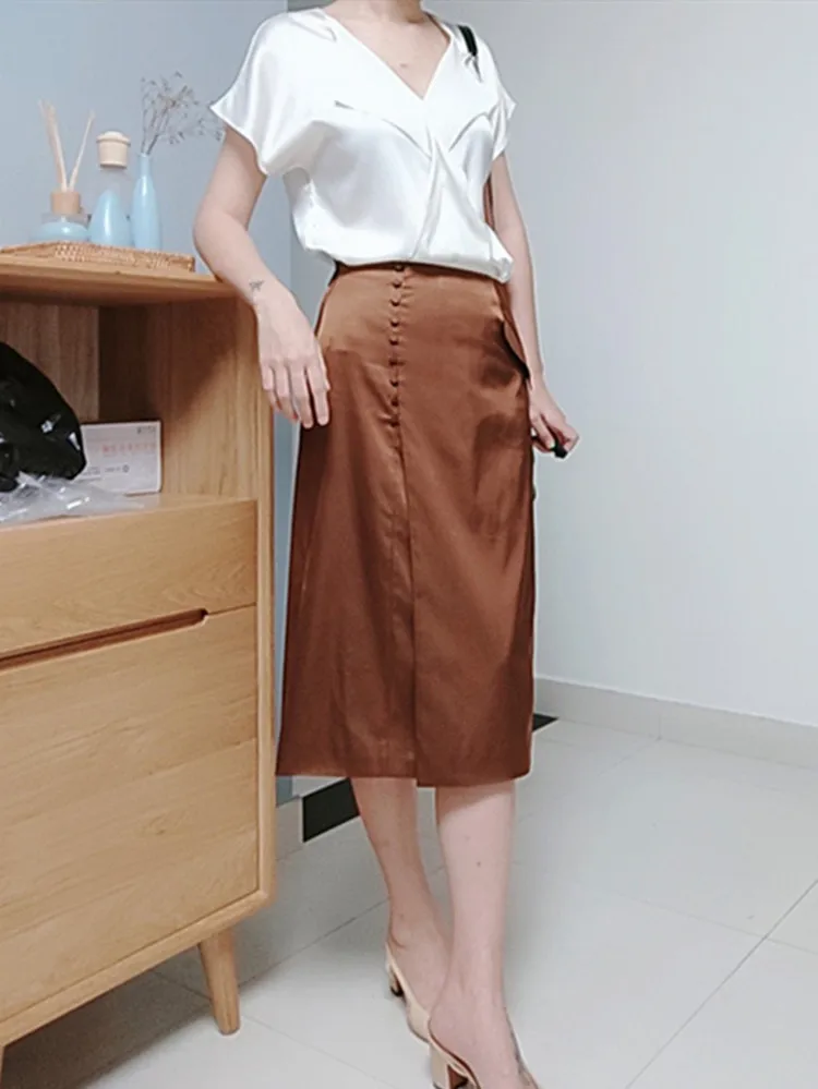 

Women High Waist Split Skirt With Buttons And Pocket Office Lady Solid Color A Line Midi Skirt