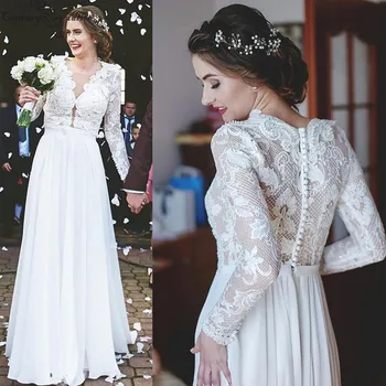 

Boho Wedding Dresses 2020 Lace Appliques Pearls Long Sleeves O-Neck Chiffon Beach Bridal Gowns Bride Dress Vestido De Noiva