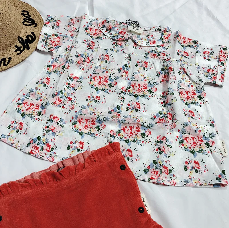 Новая Стильная летняя детская рубашка с цветочным принтом для девочек шорты с короткими рукавами с цветочным принтом и высокой талией комплект из двух предметов