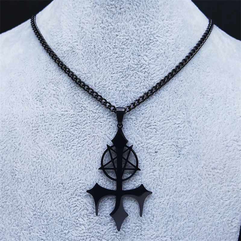 Goth Pentagramm Siegel Satan Kreuz Halskette für Männer Edelstahl Schwarz Y2k Gothic Stern Luzifer Schmuck Halloween Geschenk N3002 – Detail 8