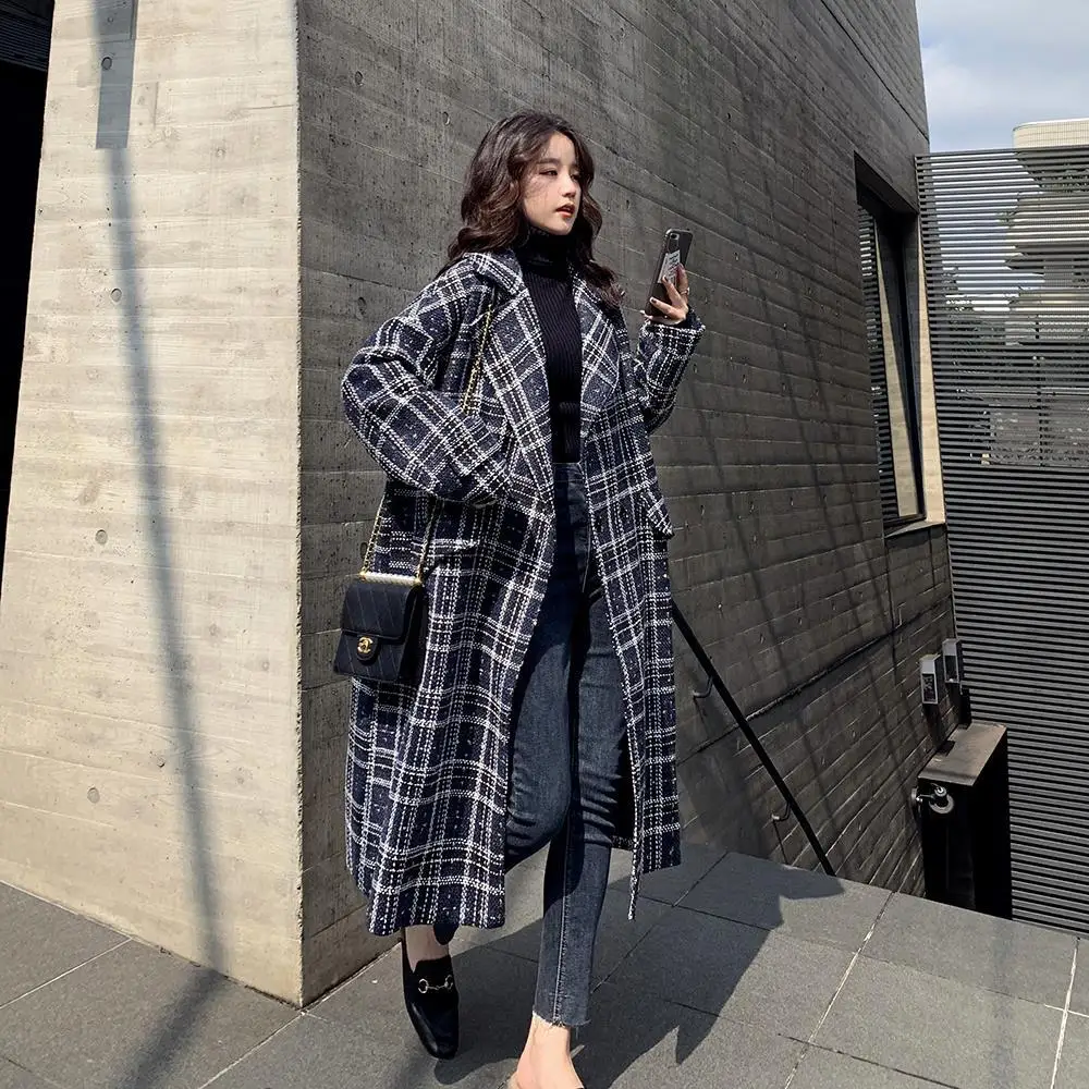 

Korean Fashion Plaid Wool Blend Coats Womens Autumn Long Casual Loose Winter Warm Woolen Jacket Coat Woman Vintage Woolen Coats
