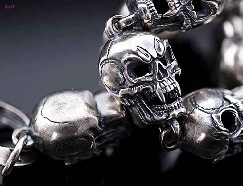 BOCAI 100% S925 Sterling Silver Bracelet Fashion Retro Hip-hop Punk Thai Silver Jewelry Pure Argentum Skull Hand Chain for Men