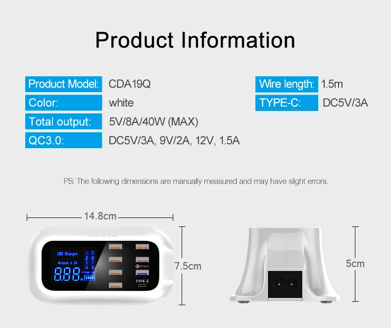 QC3.0 8 Порты и разъёмы Смарт сетевой шнур usb Зарядное устройство Док-станция Дисплей для мобильных телефонов и планшетов для зарядки для настольных ПК адаптер розетка