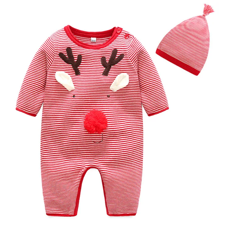 

Baby Knitted Costume Winter Red Striped Double-deck Cotton Elk Pattern Infant Boys Girls Jumpsuit Warm Romper Christmas Sale