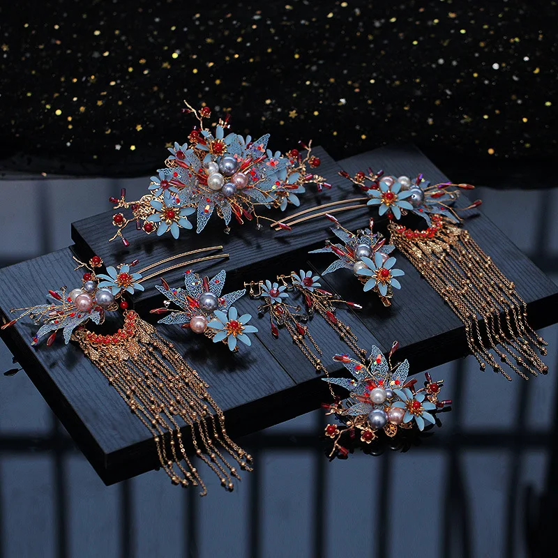 JaneVini Традиционные ювелирные изделия из Китая свадебные шпильки бисером древний синий цветочный головной венок кисточки женские свадебные аксессуары для волос