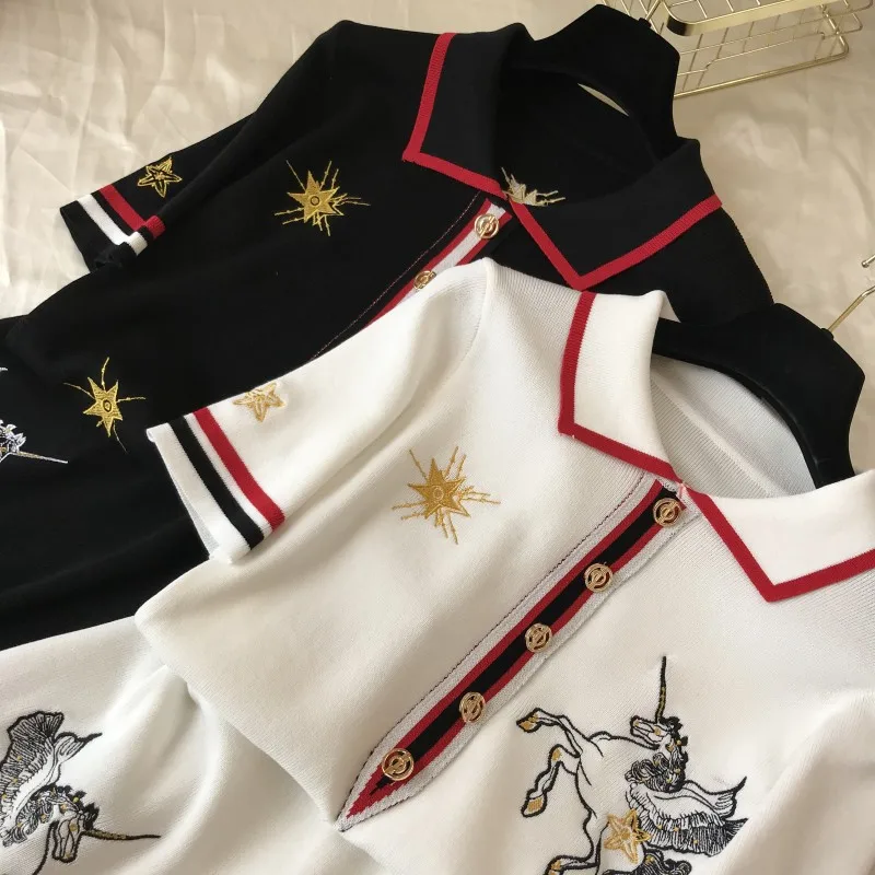 ALPHALMODA Французский Ретро Вышивка узор платье поло воротник с коротким рукавом 2019