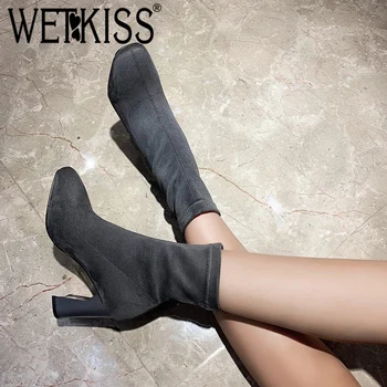 

WETKISS High Heels Boots Women Ankle Boot Female Stretch Flock Shoes Ladies Fashion Party Square Toe Shoes Women Winter 2020