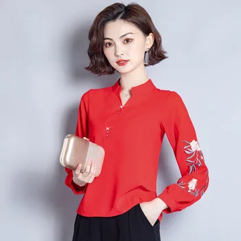 

Chiffon Shirt Woman Early Autumn Long Sleeve Western Style Joker Embroidered Shirt Show Thin Cover Belly Mom Jacket