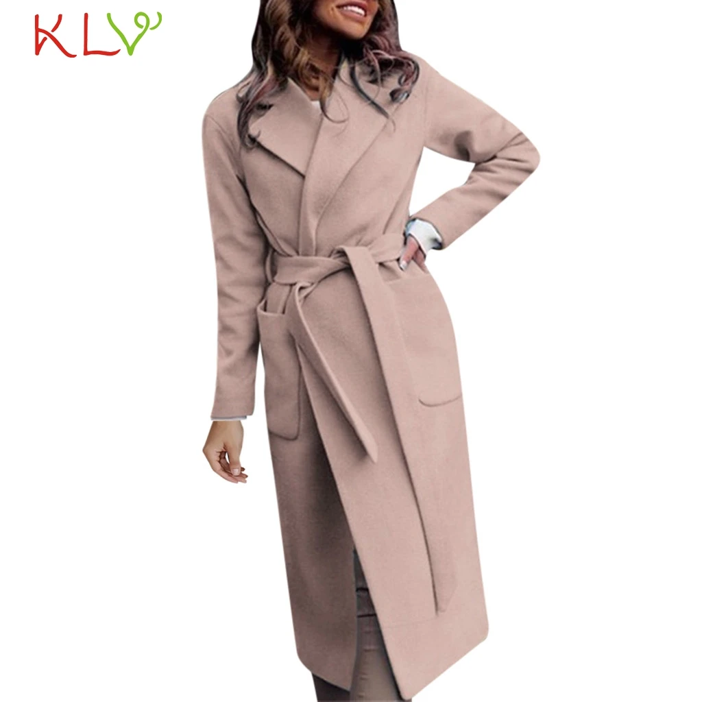 Женская зимняя куртка, однотонный шерстяной кардиган с поясом, длинное пальто, Повседневная теплая ветровка размера плюс, верхняя одежда, базовые куртки 19Aug