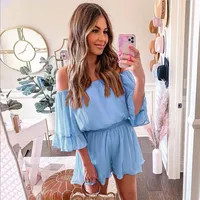 Office Lady Street Style Casual Loose Commuter Playsuit Solid Color Slash Neck Short Sleeve Ruffled Pleated Short Jumpsuit
