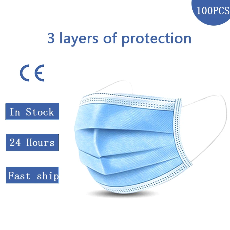 

In stock fast free ship 3-layer mask 100pcs Face Mouth Masks Non Woven Disposable Anti-Dust Meltblown cloth Masks Earloops Masks