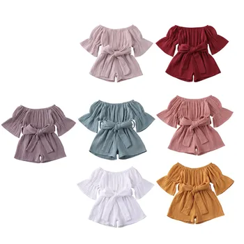 

2020 Baby Summer Clothing Rompers Toddler Baby Girls Fashion Solid Off-shoulder Big Bow Jumpsuit Infant Waist Bandage Shorts