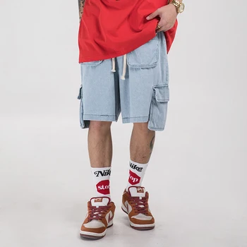 

Original Multi-pocket Loose Men's Casual Shorts Drawstring Harajuku Streetwear Cargo Jeans Shorts Hop Hop Harajuku Denim Shorts