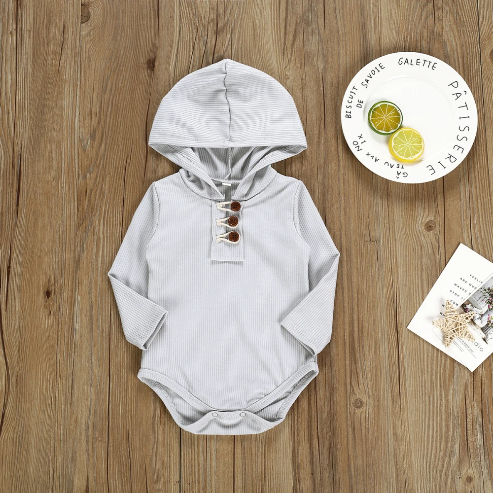 Коллекция года, весенне-осенняя одежда для малышей однотонная Одежда для новорожденных девочек и мальчиков комбинезон на кнопках в рубчик с капюшоном и длинными рукавами