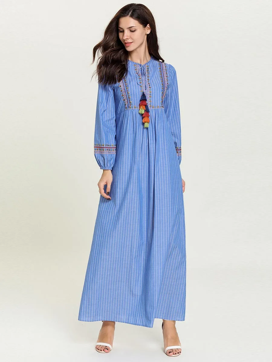 Синий Abaya/турецкое платье-Кафтан; модное простое осеннее платье в синюю полоску с вышивкой; повседневное арабское платье Musulmane Femme - Цвет: Синий