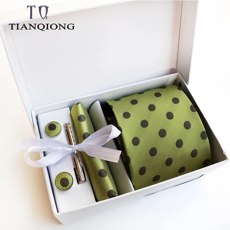 

Gift Box Custom Personalized Mens Ties Hankie Cufflinks Sets Neckwear 8cm Dot Cravats Striped Necktie for Men Wedding Party