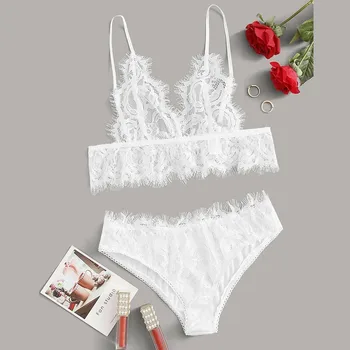 

New Women Solid White Lingerie Set Eyelash Floral Lace Ladies Lingerie Set Bra Briefs Female Underwear S-XL lenceria para mujer