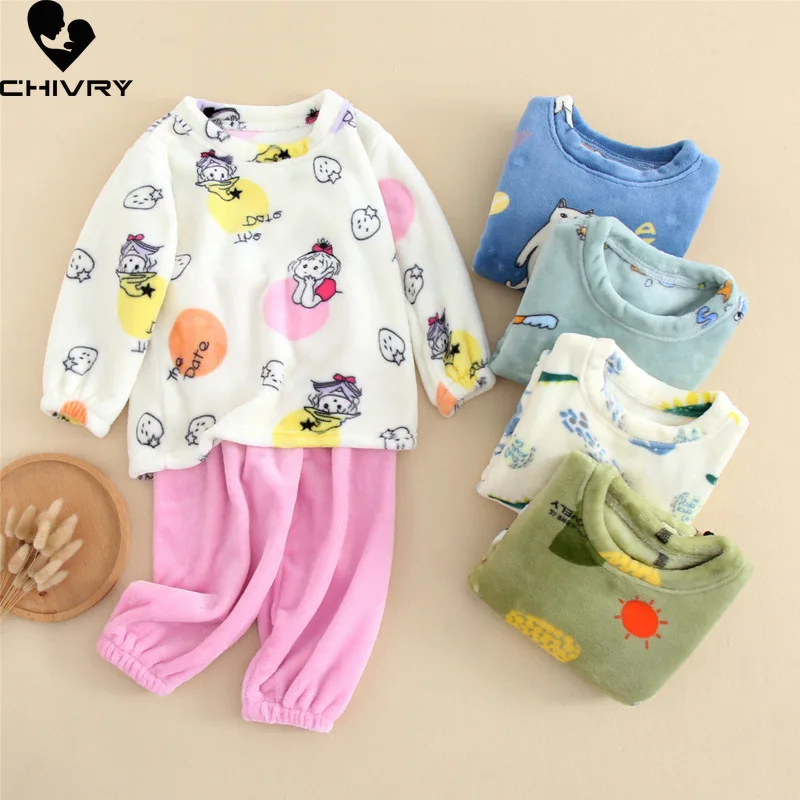 New Autumn Winter Kids Boys Girls Warm Flannel Pajamas Sets Cartoon Long Sleeve O-neck Tops with Pants Sleeping Clothing Set