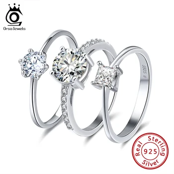 

ORSA JEWELS Real 925 Sterling Silver Women Solitaire Rings Cubic Zircon Female Wedding Ring Fashion Jewelry For Any Party SR116