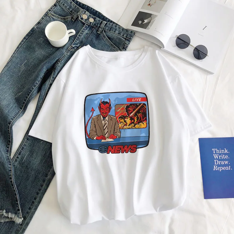 

Harajuku Devils News Funny Print tops tee Let's Summer Demons Graphic Casual Retro Tumblr Ulzzang Loose O-Neck Women's T-Shirt