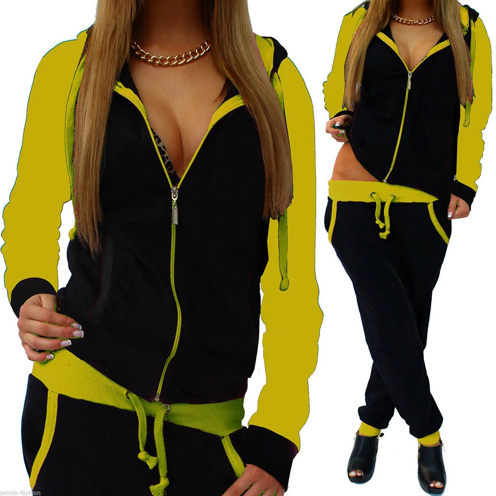 slim running set Women Gym Clothes Spandex Stripe Zipper Long Sleeve Pullove Sport Tops+Long Pants Set#g3