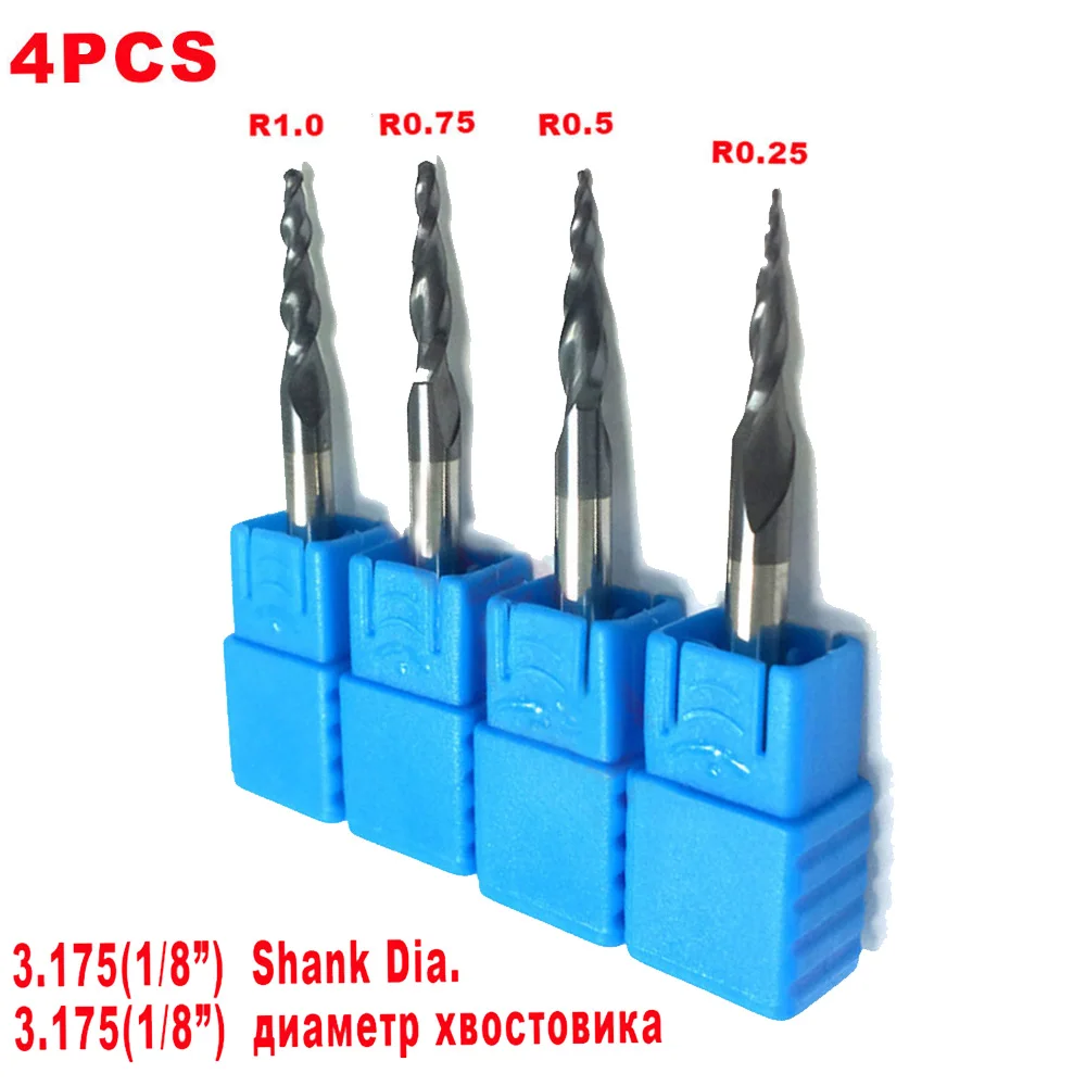 

Tapered End Mills Ball Nose Milling Cutter 1/8" Shank Drill 0.25-1.0mm Carbide Bit 4pcs Kit Practical