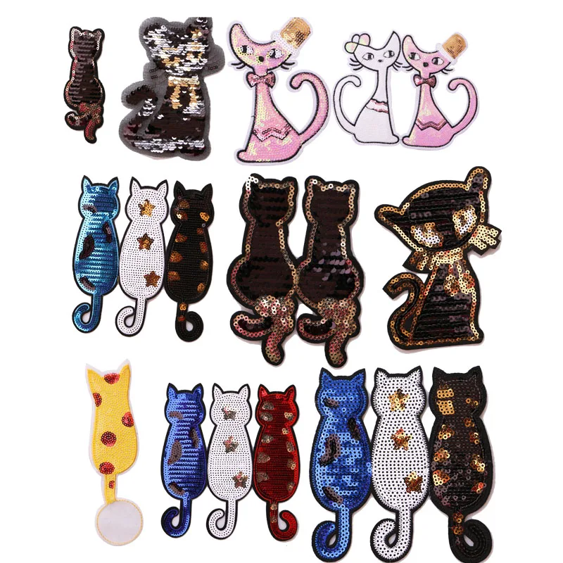 

1 Pcs Cute clever cat sequin icon Embroidered Iron on Patches for Clothing DIY Stripes Clothes Patchwork Stickers Custom Badges