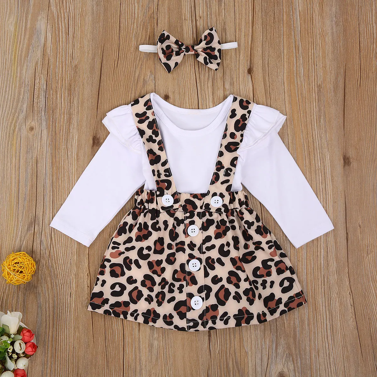 

3 PCS Little Girls Dress Set Lace Long Sleeve Solid Color Top, Leopard Print Button Short Skirt and Bow Hairband