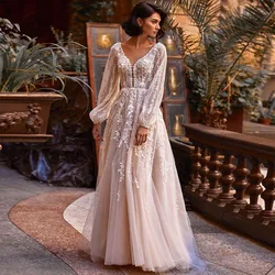 Sevintage Boho Wedding Dresses Long Sleeves Lace Appliques V-Neck Wedding Gown A-Line Open Back Bridal Dress Custom Made
