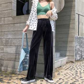

Mopping Gold Velvet Wide-Leg Pants Women Draped Loose Trousers Elasticated High Waist Pantaloni Donna Fashion Casual Pants Women