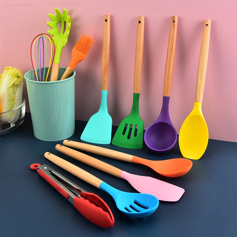 

12pc Colorful Silicone Cooking Tools Kitchenware Set with Bucket Non-Stick Cooking Spatula Spoon Wooden Handle Heat-Resistant