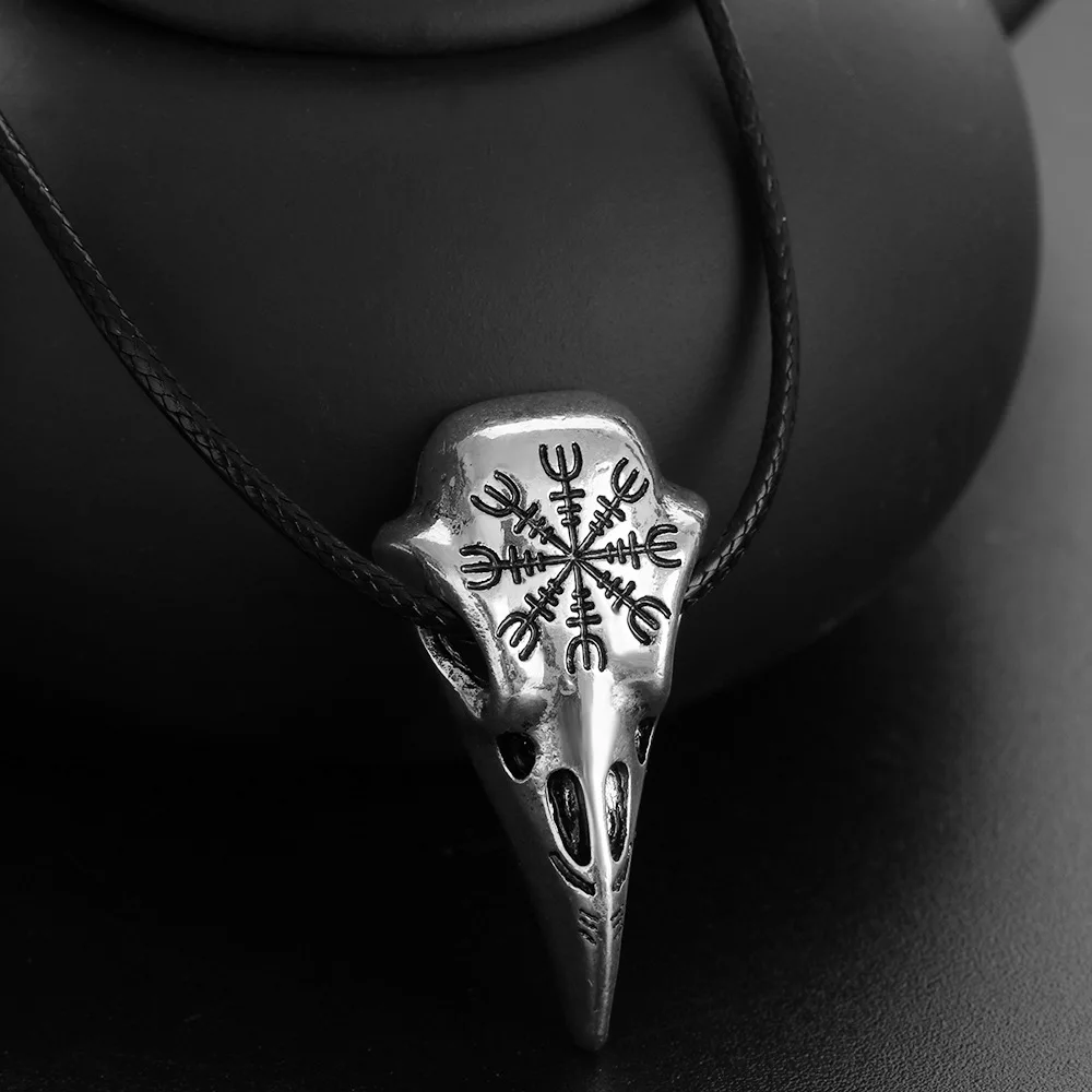Кулон с вороном ожерелье из нержавеющей стали Череп ворона кулон один Рунический амулет мужское ожерелье ювелирные изделия в стиле викингов - Окраска металла: leather