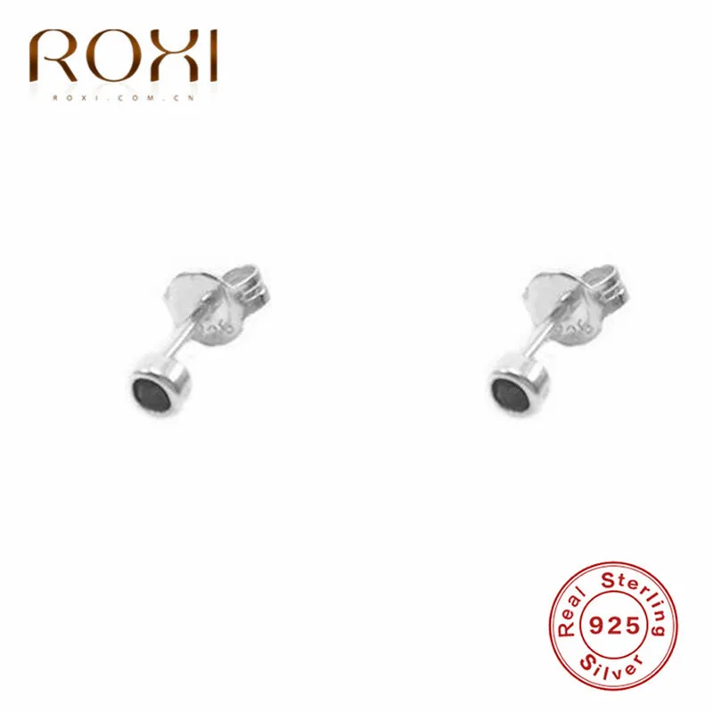 silver ROXI простые круглые серьги-гвоздики для женщин, черный камень, мини серьги-гвоздики, Серебро 925 пробы, серьги, корейские ювелирные изделия в стиле минимализма - Окраска металла: silver