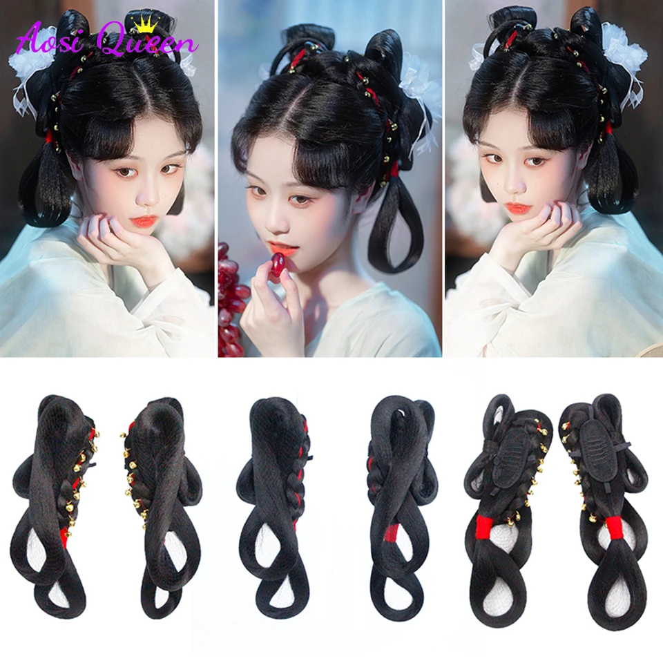 

Chinese Ancient Wig Women Hanfu Wigs Headdress Photography Dance Accessory Wigs Black For Women Integrated Hair bun High Bangs