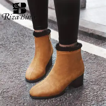 

RIZABINA Women Short Plush Ankle Boots Round Toe Rough Heel Zipper Furry Footwear Thermal Winter Ladies Shoes Size 34-43