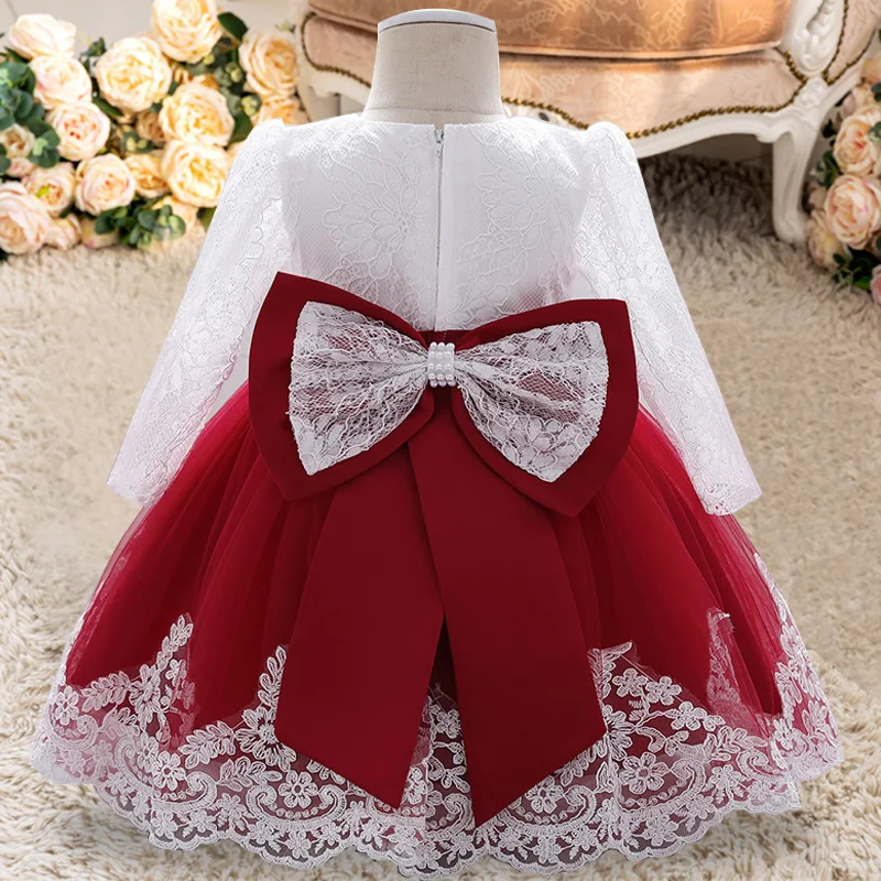 PLBBFZ Long Sleeve Bowknot Dress Newborn 1 Year Baptism Birthday Evening Baby Children's Dresses Party Wedding Kids Clothes