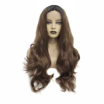 

Two Tones Black Ombre Brown Long Wavy Lace Front Synthetic Wigs With Natural Hairline Heat Resistant Full Wigs For Black Women