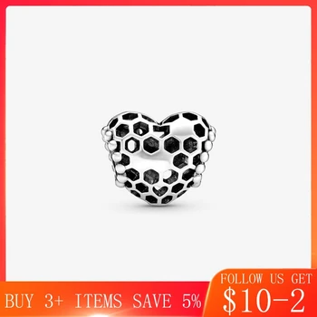

2020 Spring New Beads Bee Happy Honeycomb Heart 925 Sterling Silver Charms fit Original Pandora Bracelets Women DIY Jewelry
