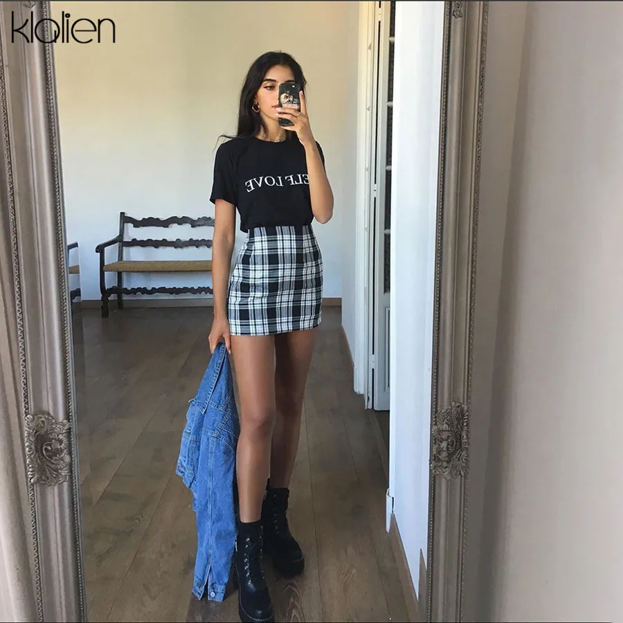 Klanien, винтажный британский стиль, черная клетчатая Женская мини-юбка на молнии с высокой талией, летняя мода, уличные юбки для женщин
