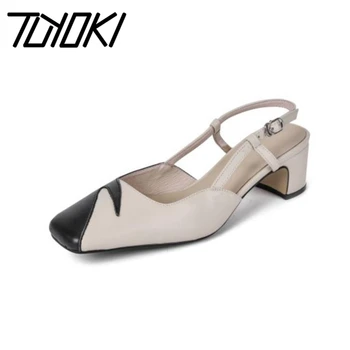 

Tuyoki Women Sandals Shoes Summer Real Genuine Leather Shoes Women Fashion Square Toe Print Metal Buckle Footwear Size 33-42