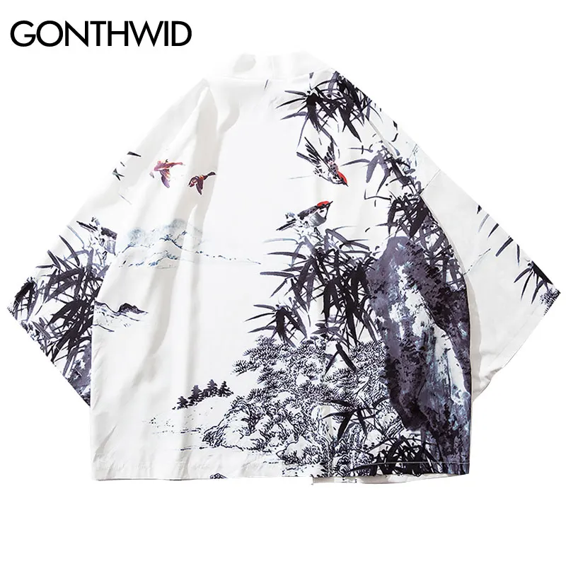 

GONTHWID Ink Bamboo Birds Print Kimono Cardigan Shirts Jackets Japanese Style Harajuku Casual Open Front Coats Streetwear Tops