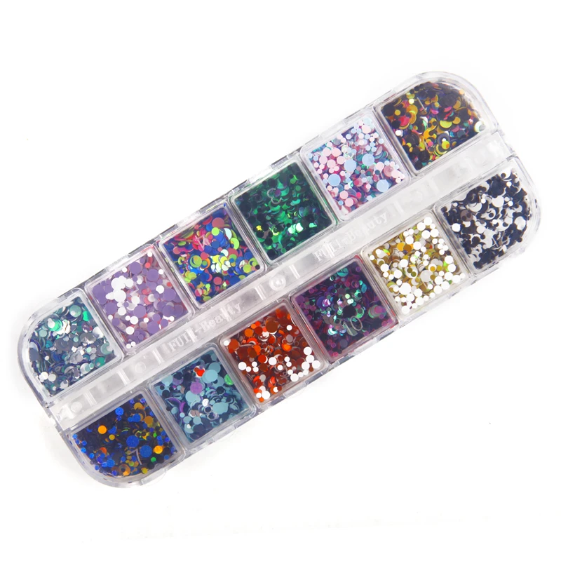 12 сеток/Разноцветный набор Стразы для ногтей блестящая Лазерная голографическая круглая блестка для ногтей ломтик для ногтей блестка наклейки DIY