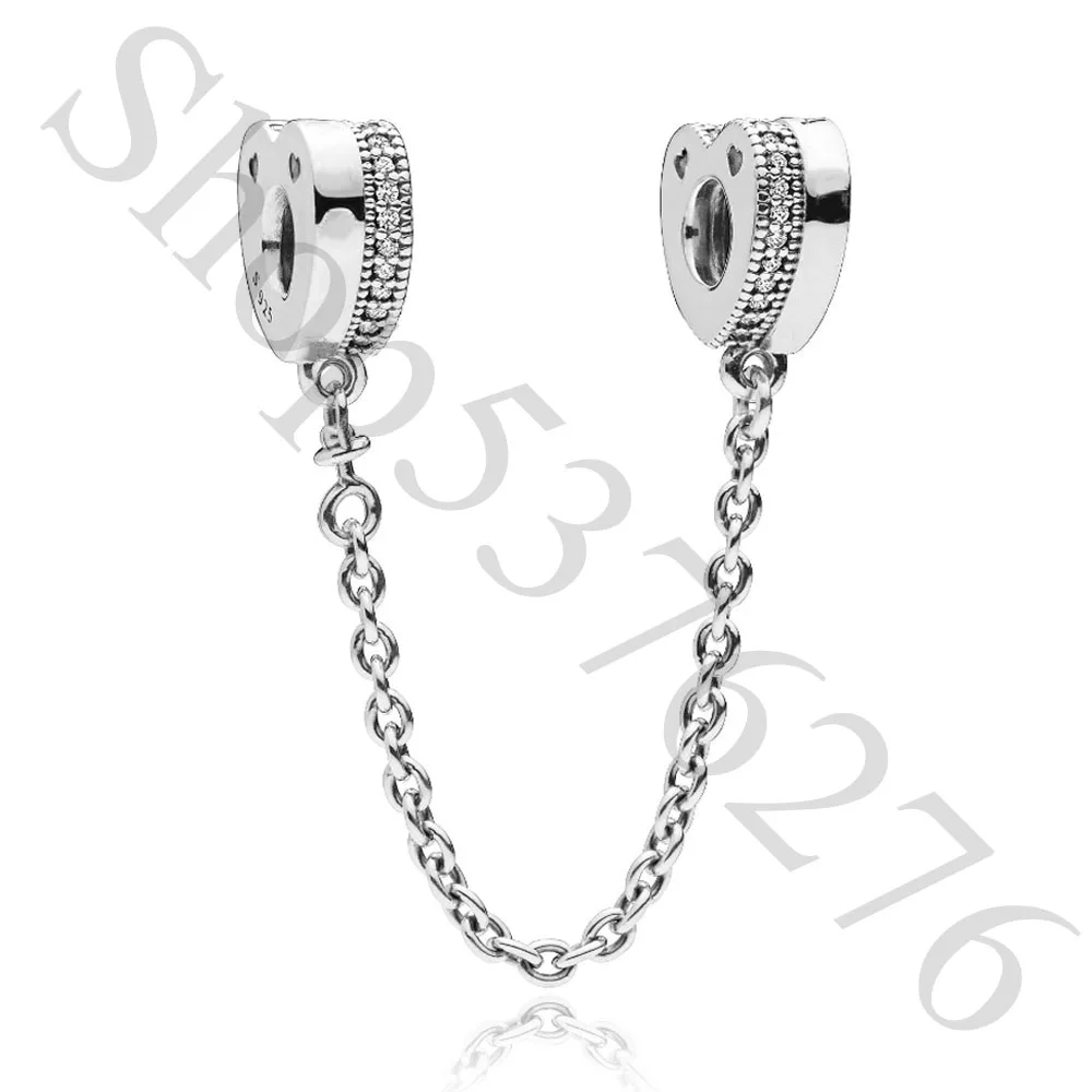 

Real 925 Sterling Silver Bead Sparkling Signature Love Safety Chain Charm Fit Pandora Women Bracelet Bangle Gift DIY Jewelry