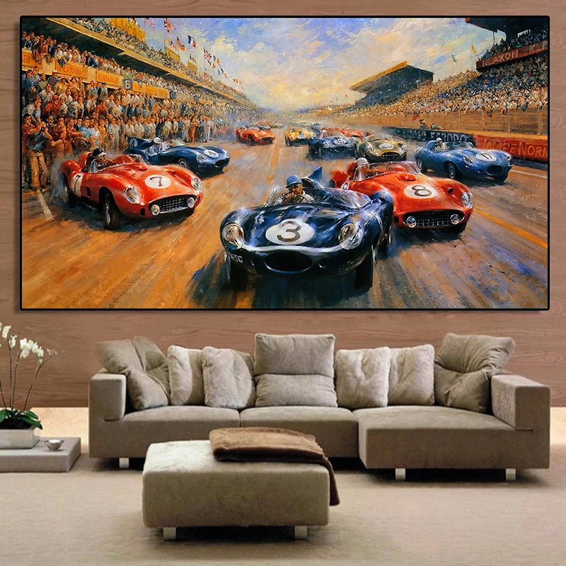 Retro Racing Car Oil Painting Print on Canvas Sport Cool Car Poster Boy Bed Room Wall Decorative Painting Living Room Home Decor