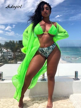 

Sexy Beach Cover Up Furry Green Dollar Print Beach Women Bikini Cover-ups Beach Female Swim suit Dress Beach Tunic 3 Piece Set