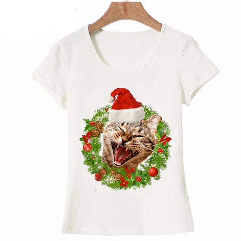 Милые рождественские женские футболки с котом Harajuku Kawaii одежда модная футболка с коротким рукавом для отдыха Femme Рождественская футболка Топы