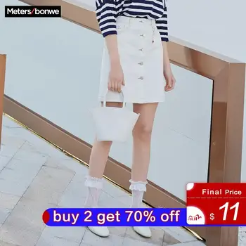 

MetersBonwe Denim Skirt High Waist A-line Mini Skirts Women Single Button Sweet Girls skirt Summer New Arrivals