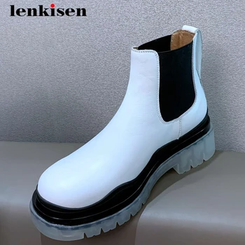 

Lenkisen stretch boots genuine leather mixed colors leisure round toe thick high heel slip on young girls maiden ankle boots L07