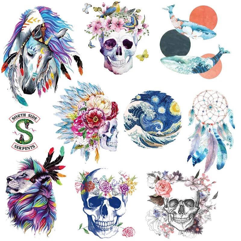 

T Shirt stickers water color animals patch iron on Transfers for Clothes Iron on transfers hippie skull Patch stripe On Clothes